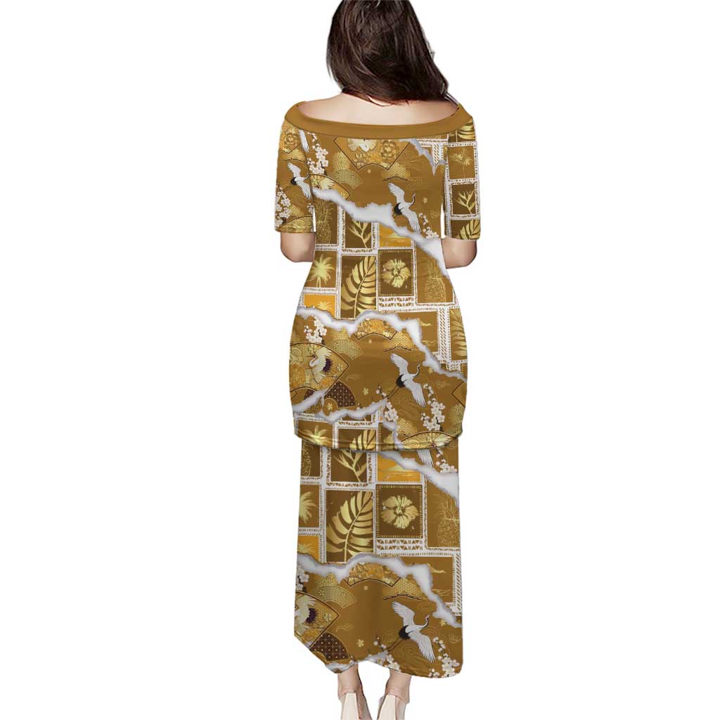 Hawaii Japanese Culture Gold Puletasi Spring Cranes Aloha Pattern