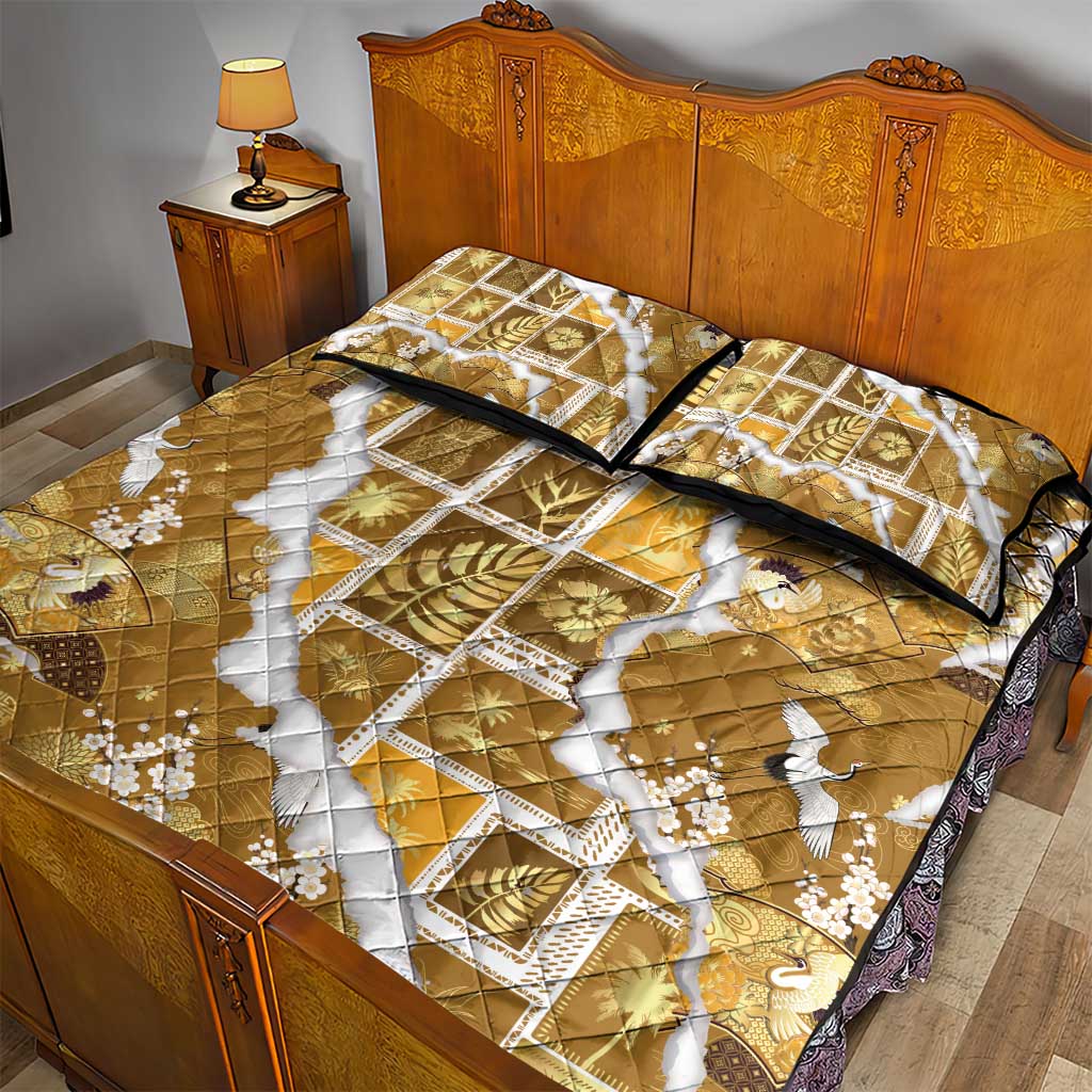 Hawaii Japanese Culture Gold Quilt Bed Set Spring Cranes Aloha Pattern