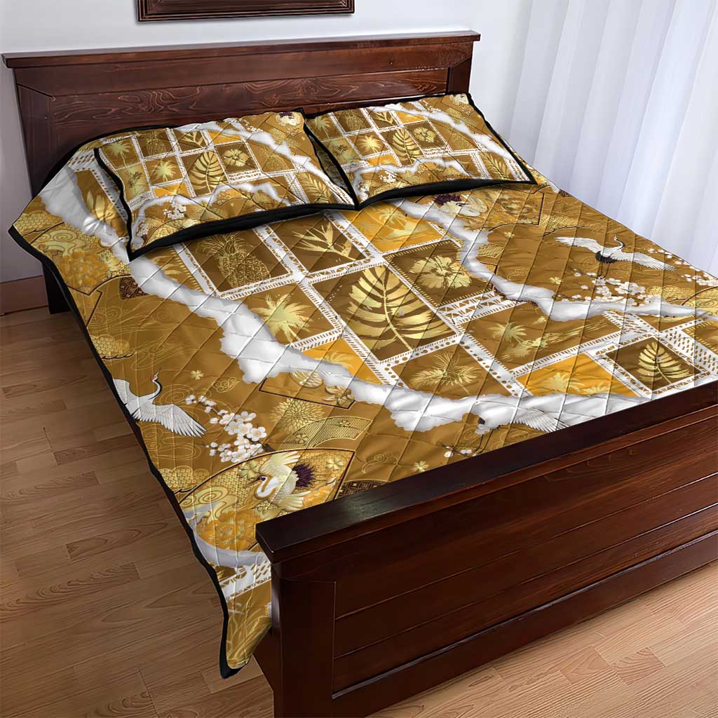 Hawaii Japanese Culture Gold Quilt Bed Set Spring Cranes Aloha Pattern