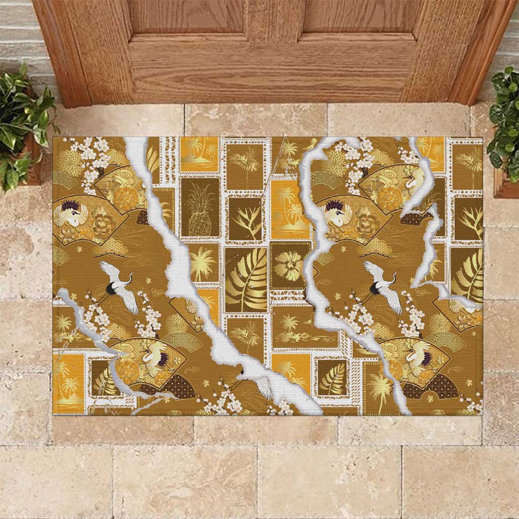 Hawaii Japanese Culture Gold Rubber Doormat Spring Cranes Aloha Pattern
