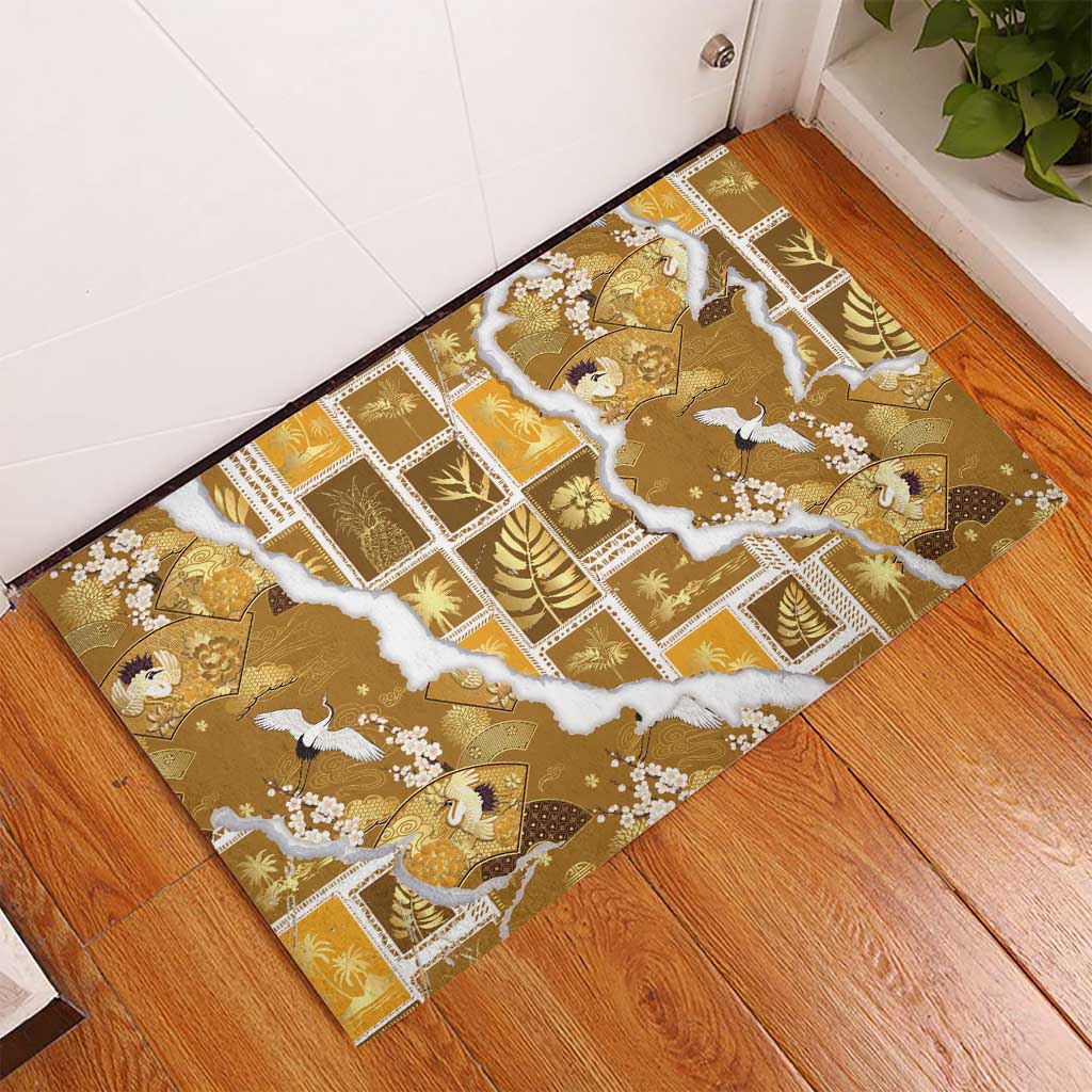Hawaii Japanese Culture Gold Rubber Doormat Spring Cranes Aloha Pattern