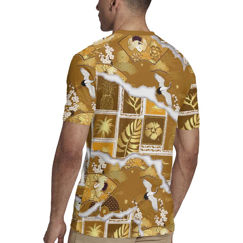 Hawaii Japanese Culture Gold Rugby Jersey Spring Cranes Aloha Pattern