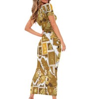 Hawaii Japanese Culture Gold Short Sleeve Bodycon Dress Spring Cranes Aloha Pattern