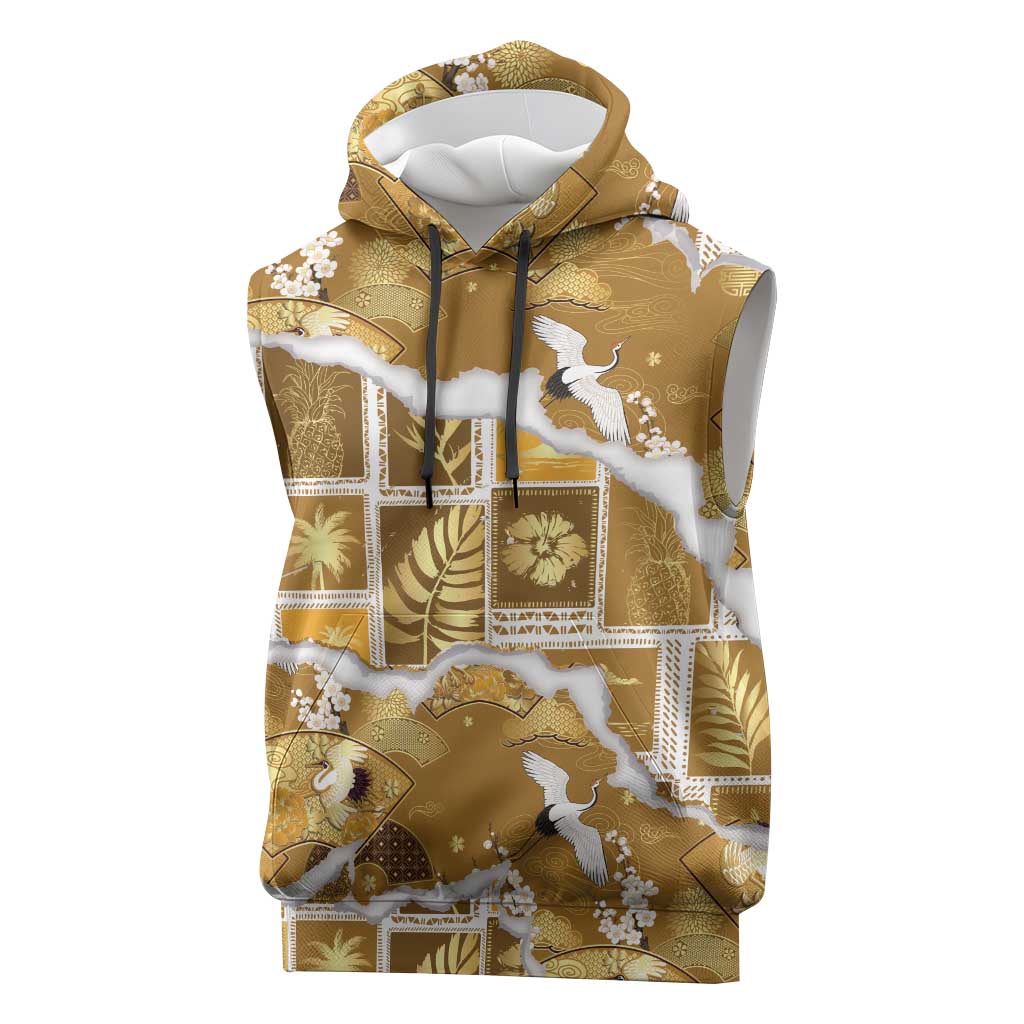 Hawaii Japanese Culture Gold Sleeveless Hoodie Spring Cranes Aloha Pattern