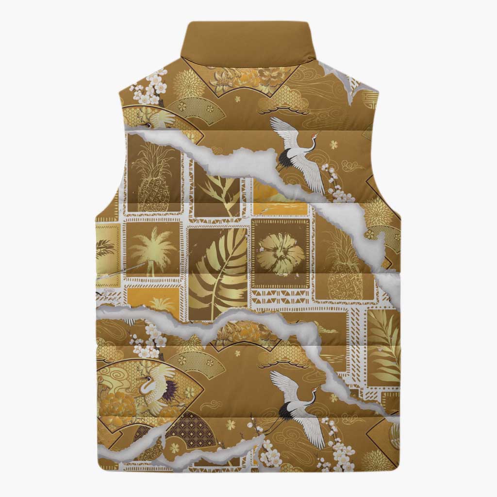 Hawaii Japanese Culture Gold Sleeveless Puffer Jacket Spring Cranes Aloha Pattern