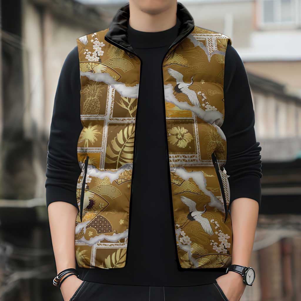 Hawaii Japanese Culture Gold Sleeveless Puffer Jacket Spring Cranes Aloha Pattern