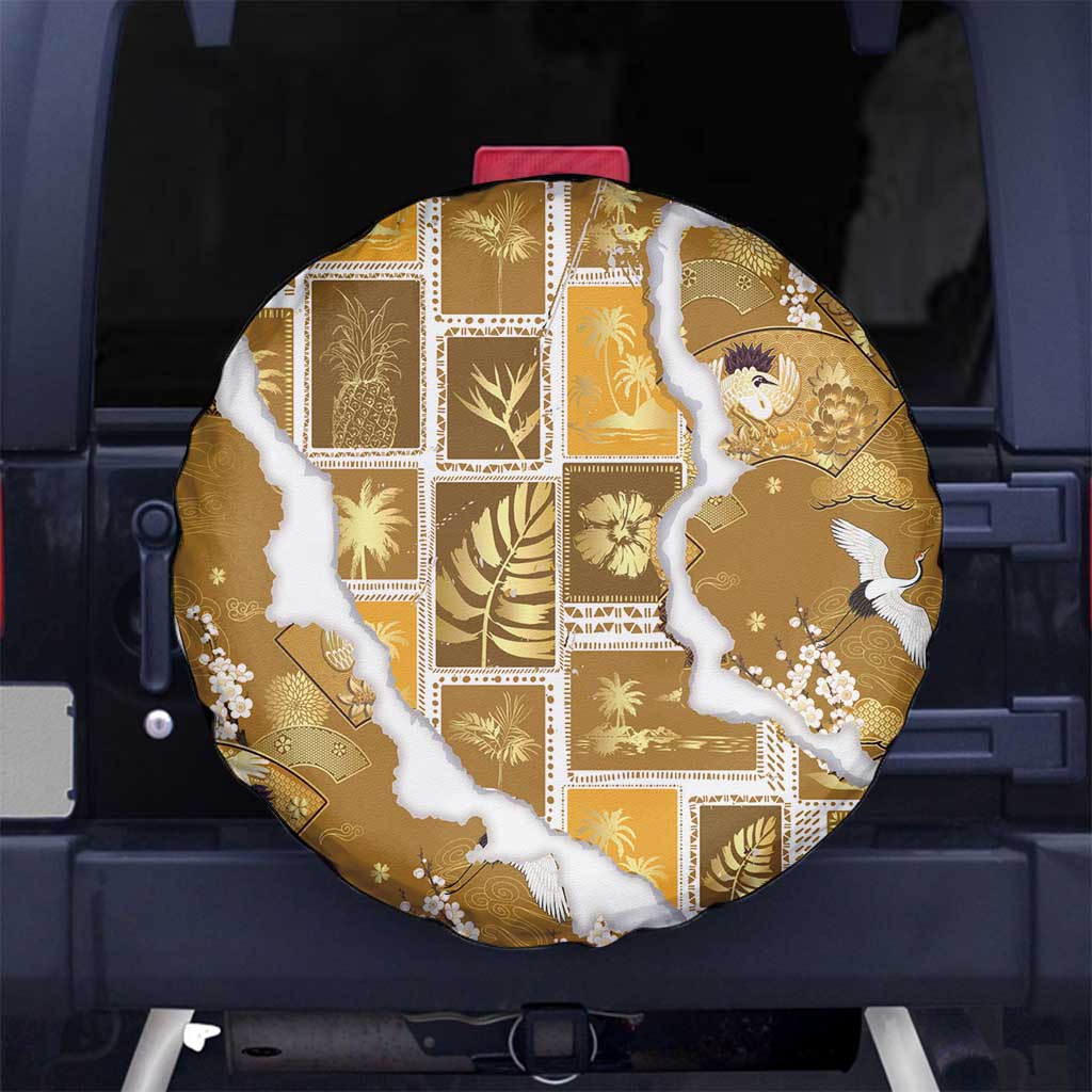 Hawaii Japanese Culture Gold Spare Tire Cover Spring Cranes Aloha Pattern