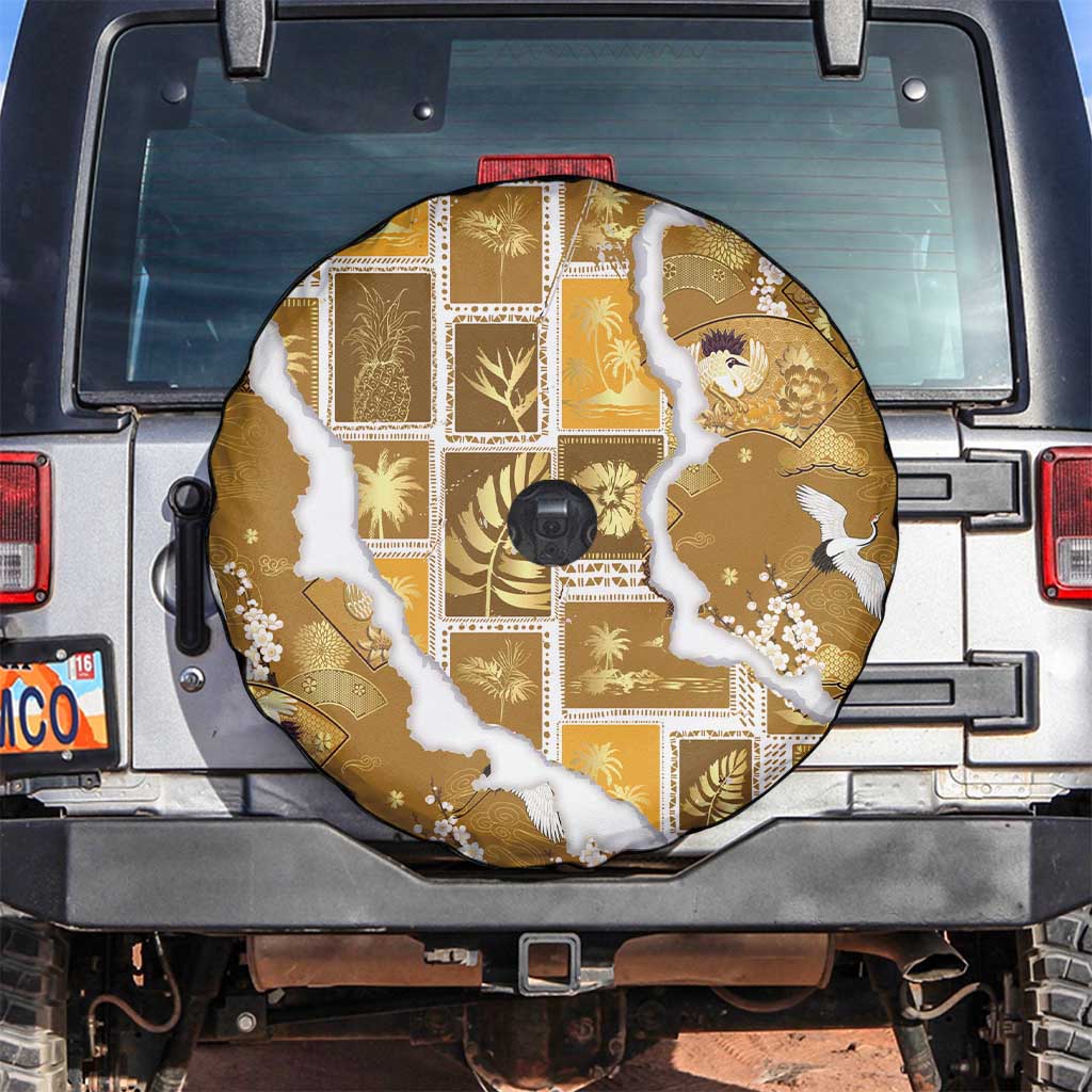 Hawaii Japanese Culture Gold Spare Tire Cover Spring Cranes Aloha Pattern