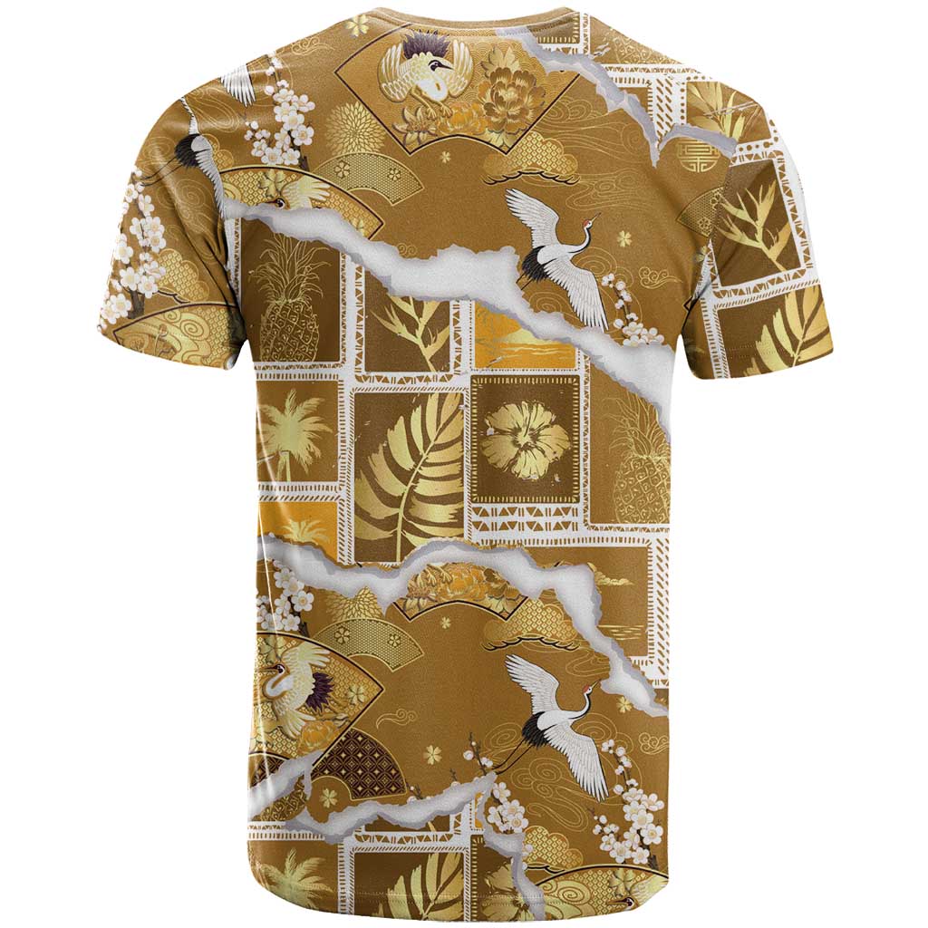 Hawaii Japanese Culture Gold T Shirt Spring Cranes Aloha Pattern