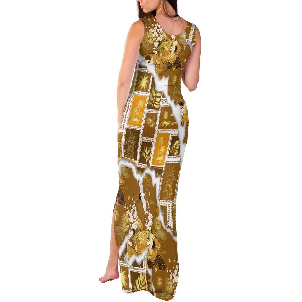 Hawaii Japanese Culture Gold Tank Maxi Dress Spring Cranes Aloha Pattern