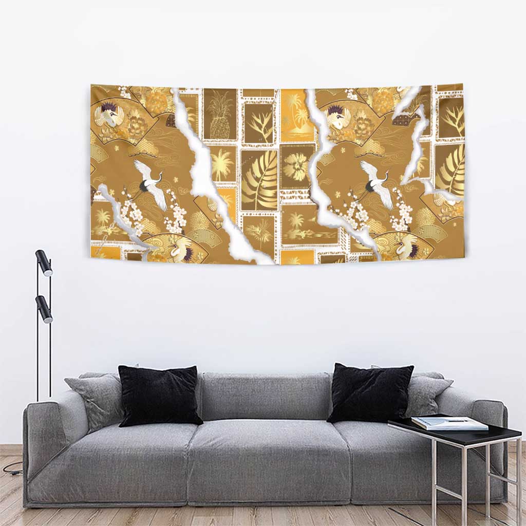 Hawaii Japanese Culture Gold Tapestry Spring Cranes Aloha Pattern