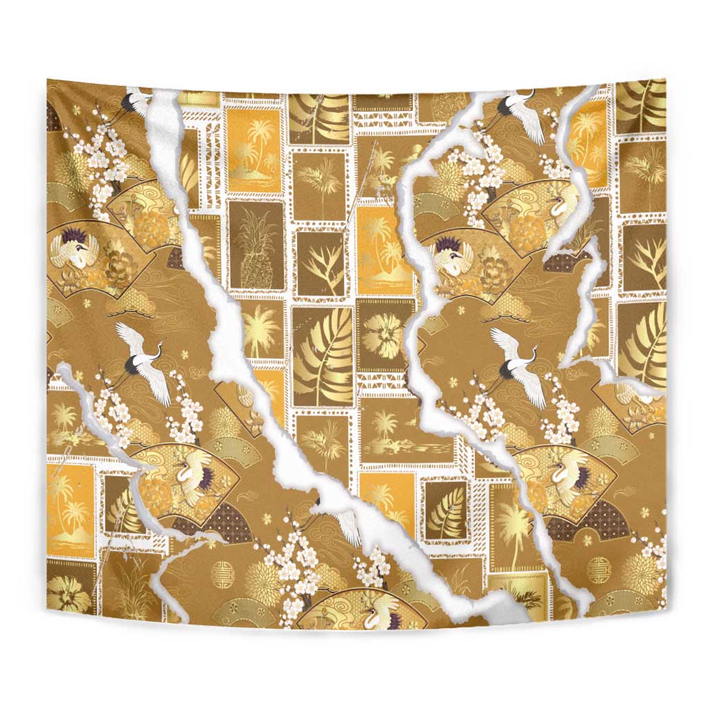 Hawaii Japanese Culture Gold Tapestry Spring Cranes Aloha Pattern