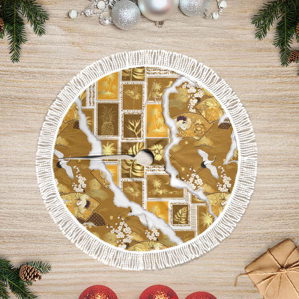 Hawaii Japanese Culture Gold Tree Skirt Spring Cranes Aloha Pattern LT01 Fringed Gold - Polynesian Pride