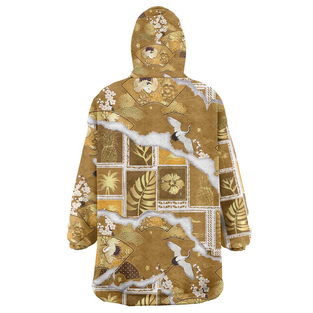 Hawaii Japanese Culture Gold Wearable Blanket Hoodie Spring Cranes Aloha Pattern