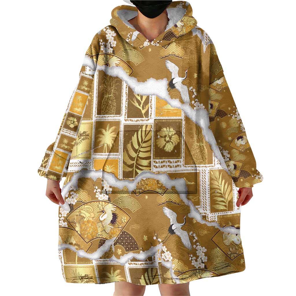 Hawaii Japanese Culture Gold Wearable Blanket Hoodie Spring Cranes Aloha Pattern