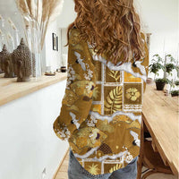 Hawaii Japanese Culture Gold Women Casual Shirt Spring Cranes Aloha Pattern