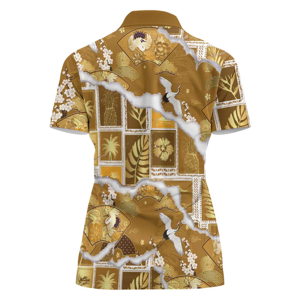 Hawaii Japanese Culture Gold Women Polo Shirt Spring Cranes Aloha Pattern