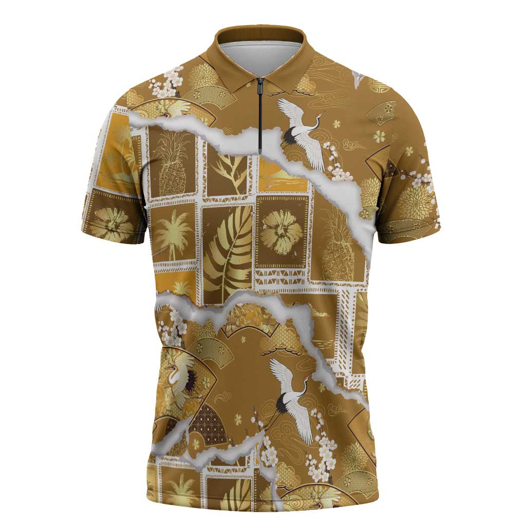 Hawaii Japanese Culture Gold Zipper Polo Shirt Spring Cranes Aloha Pattern