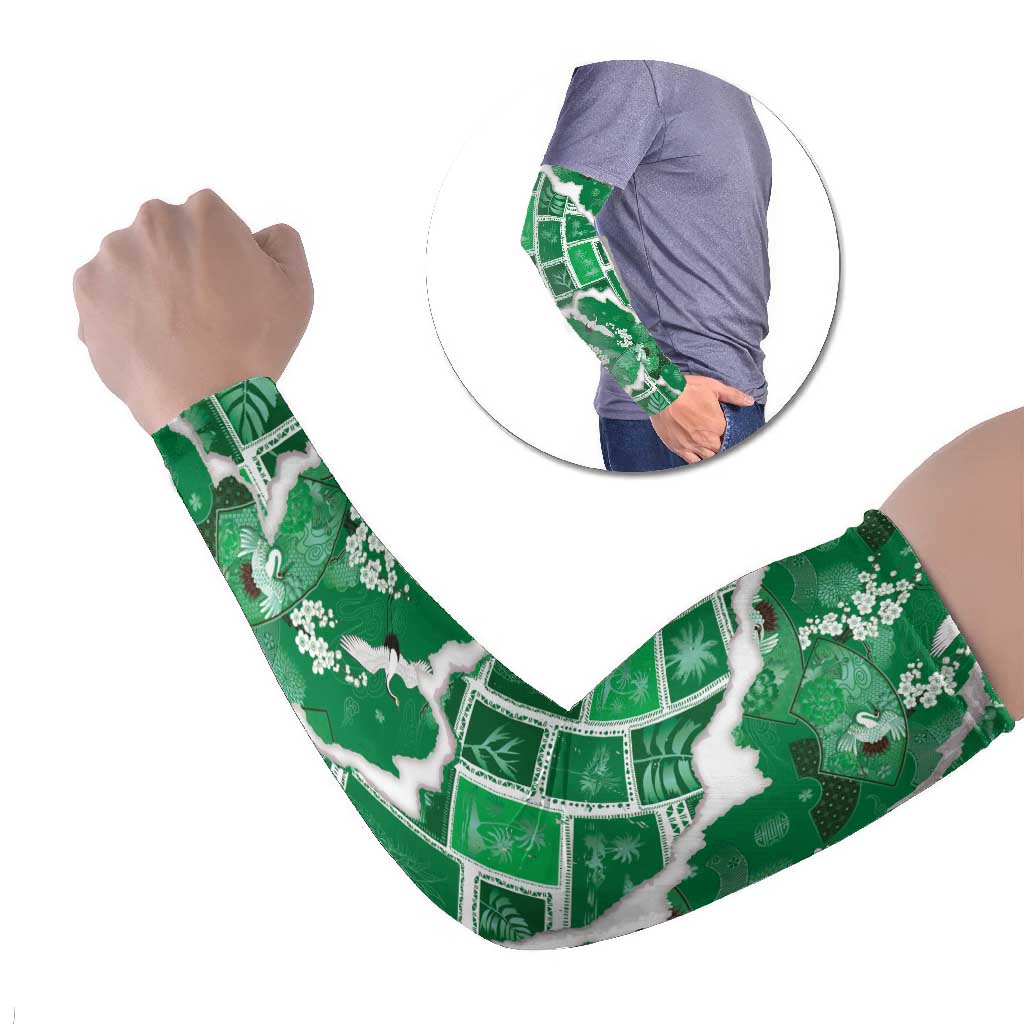 Hawaii Japanese Culture Green Arm Sleeves Spring Cranes Aloha Pattern