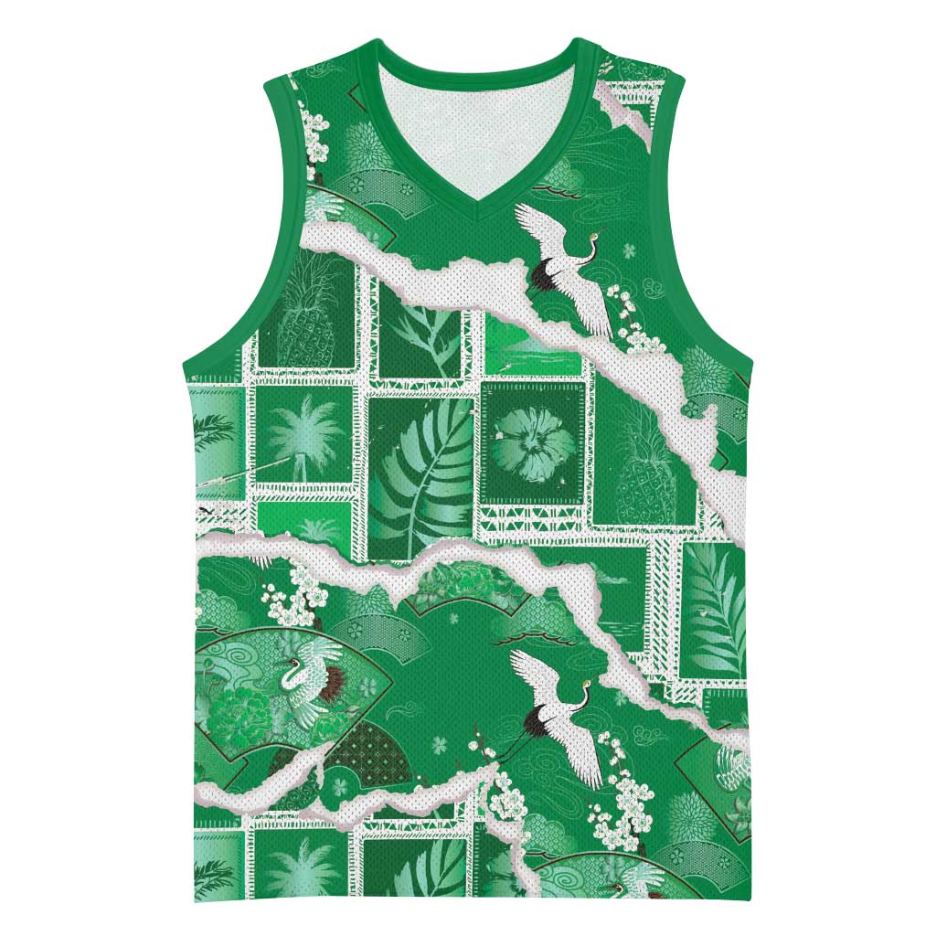 Hawaii Japanese Culture Green Basketball Jersey Spring Cranes Aloha Pattern