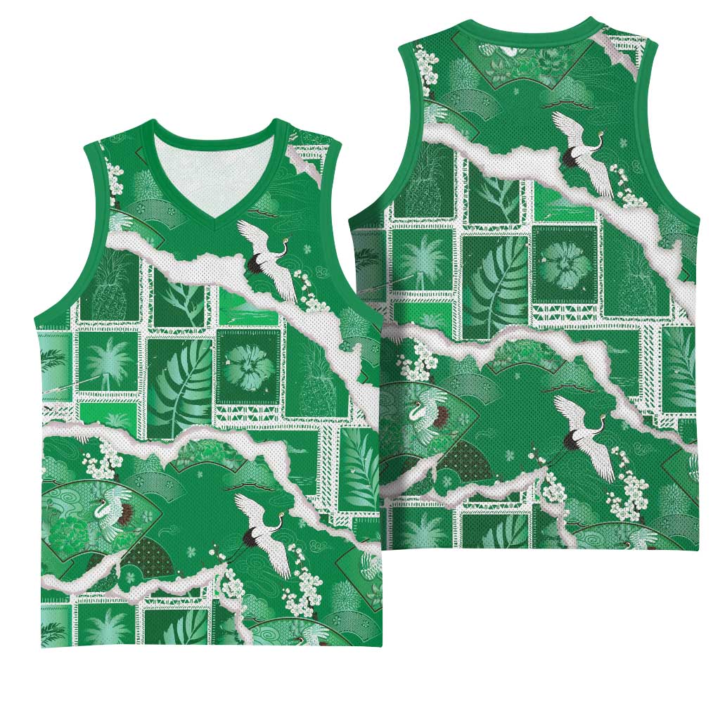 Hawaii Japanese Culture Green Basketball Jersey Spring Cranes Aloha Pattern