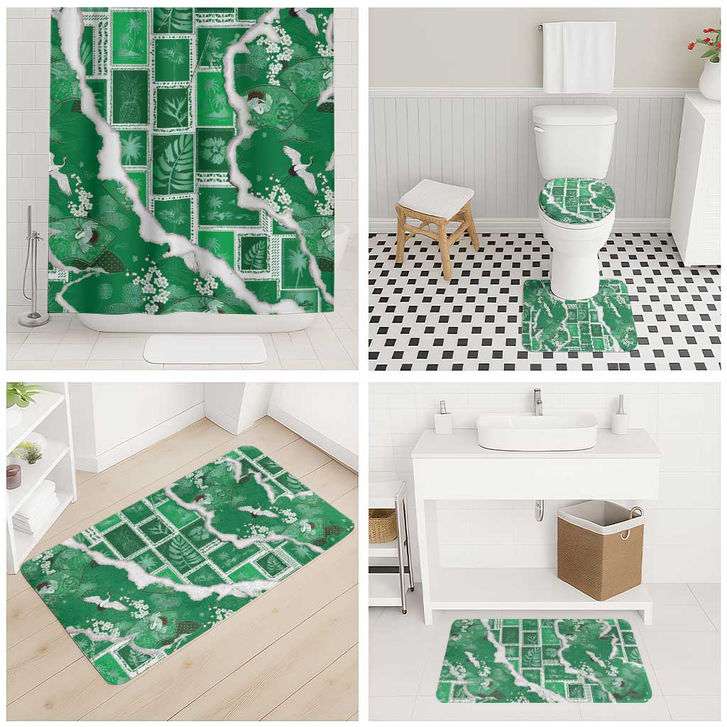 Hawaii Japanese Culture Green Bathroom Set Spring Cranes Aloha Pattern