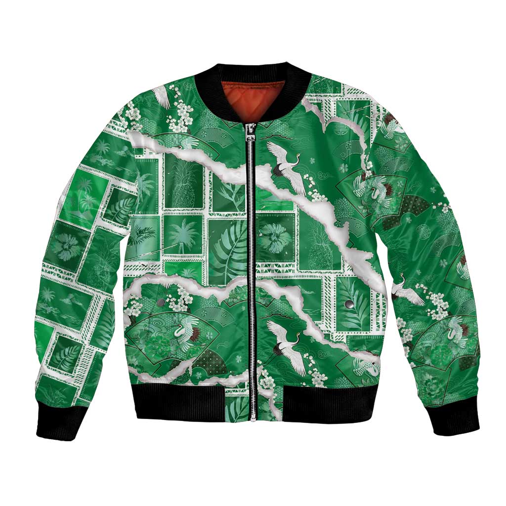 Hawaii Japanese Culture Green Bomber Jacket Spring Cranes Aloha Pattern