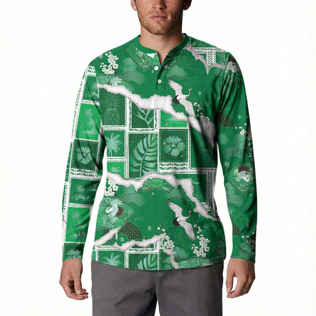 Hawaii Japanese Culture Green Button Sweatshirt Spring Cranes Aloha Pattern