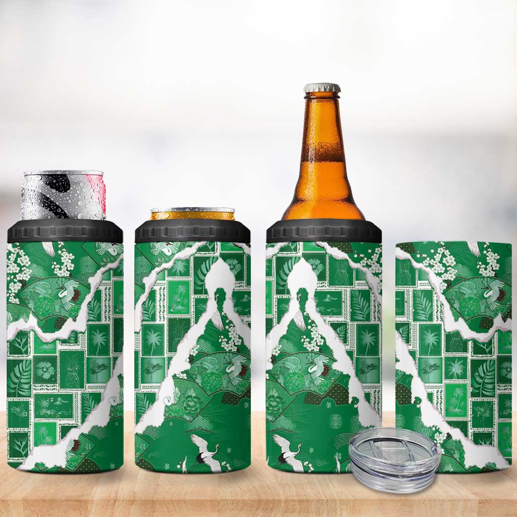 Hawaii Japanese Culture Green 4 in 1 Can Cooler Tumbler Spring Cranes Aloha Pattern