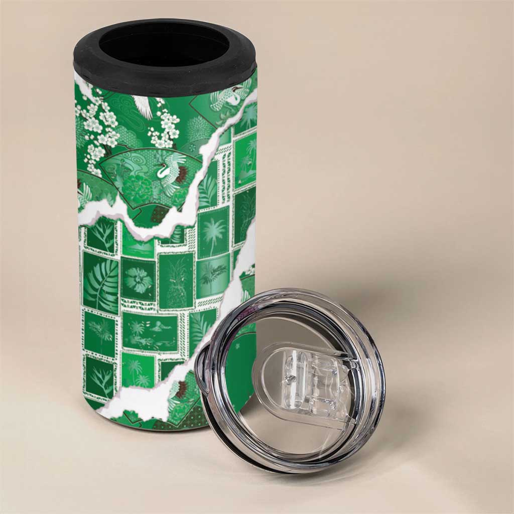 Hawaii Japanese Culture Green 4 in 1 Can Cooler Tumbler Spring Cranes Aloha Pattern