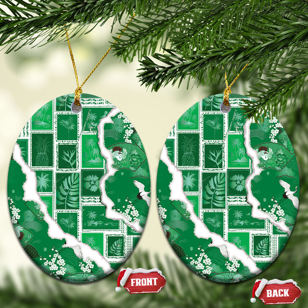 Hawaii Japanese Culture Green Ceramic Ornament Spring Cranes Aloha Pattern LT01 Oval Green - Polynesian Pride