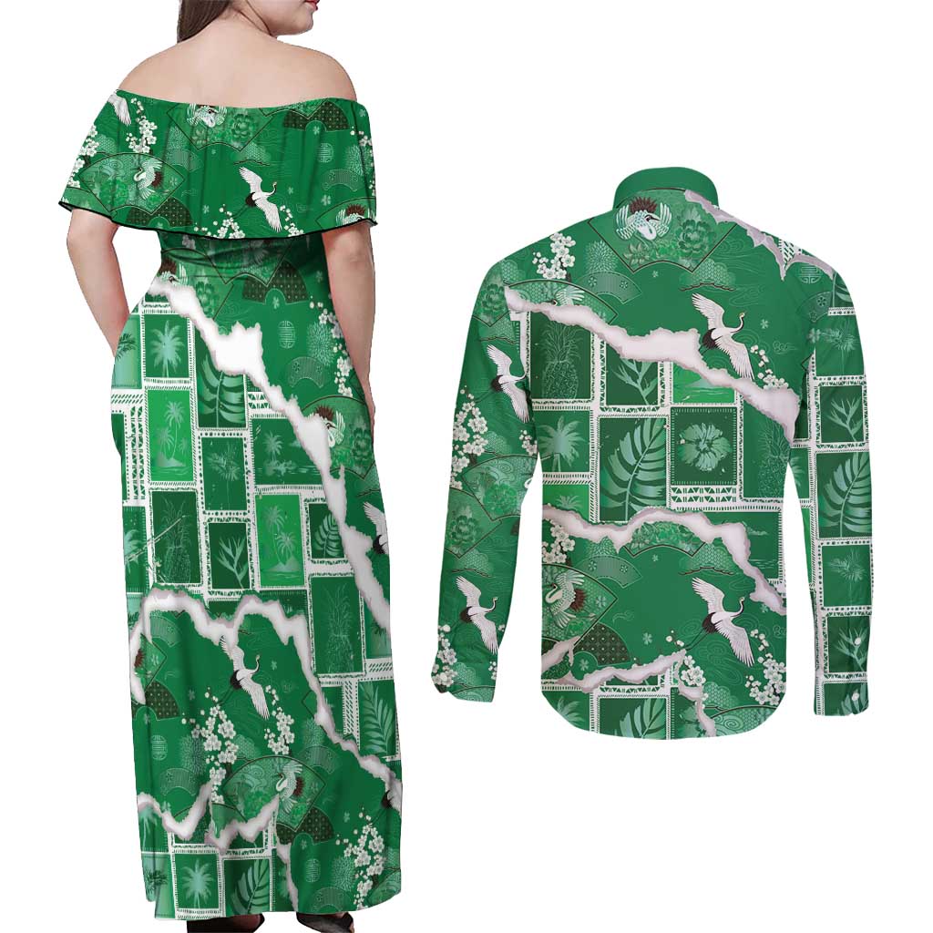 Hawaii Japanese Culture Green Couples Matching Off Shoulder Maxi Dress and Long Sleeve Button Shirt Spring Cranes Aloha Pattern