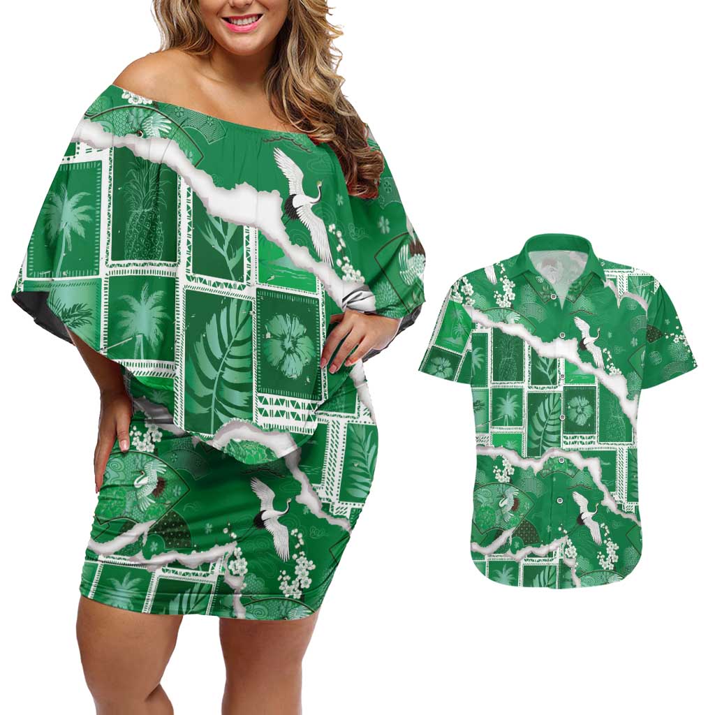 Hawaii Japanese Culture Green Couples Matching Off Shoulder Short Dress and Hawaiian Shirt Spring Cranes Aloha Pattern