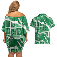 Hawaii Japanese Culture Green Couples Matching Off Shoulder Short Dress and Hawaiian Shirt Spring Cranes Aloha Pattern