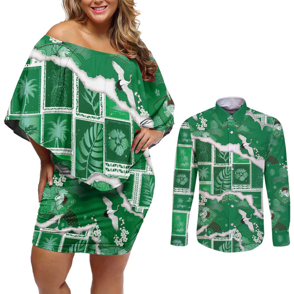 Hawaii Japanese Culture Green Couples Matching Off Shoulder Short Dress and Long Sleeve Button Shirt Spring Cranes Aloha Pattern