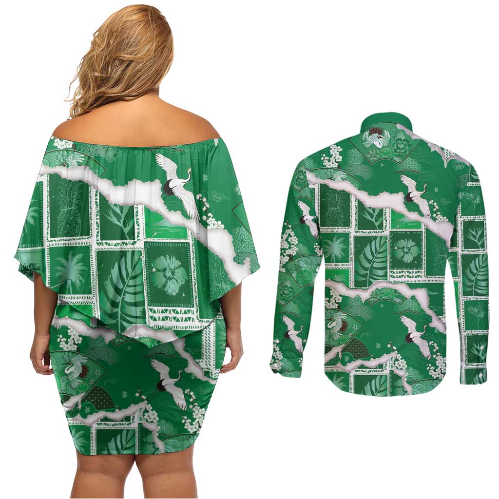 Hawaii Japanese Culture Green Couples Matching Off Shoulder Short Dress and Long Sleeve Button Shirt Spring Cranes Aloha Pattern