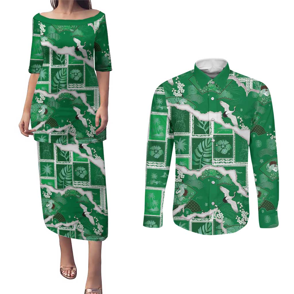 Hawaii Japanese Culture Green Couples Matching Puletasi and Long Sleeve Button Shirt Spring Cranes Aloha Pattern