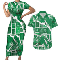 Hawaii Japanese Culture Green Couples Matching Short Sleeve Bodycon Dress and Hawaiian Shirt Spring Cranes Aloha Pattern