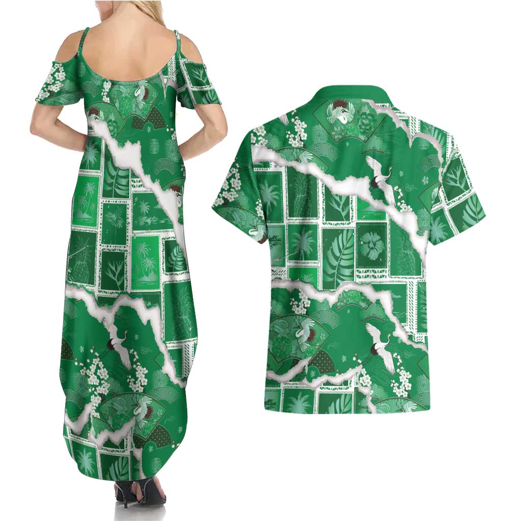 Hawaii Japanese Culture Green Couples Matching Summer Maxi Dress and Hawaiian Shirt Spring Cranes Aloha Pattern