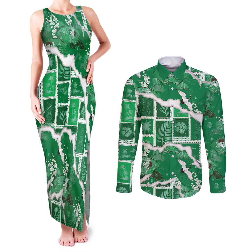 Hawaii Japanese Culture Green Couples Matching Tank Maxi Dress and Long Sleeve Button Shirt Spring Cranes Aloha Pattern