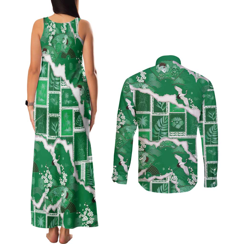 Hawaii Japanese Culture Green Couples Matching Tank Maxi Dress and Long Sleeve Button Shirt Spring Cranes Aloha Pattern