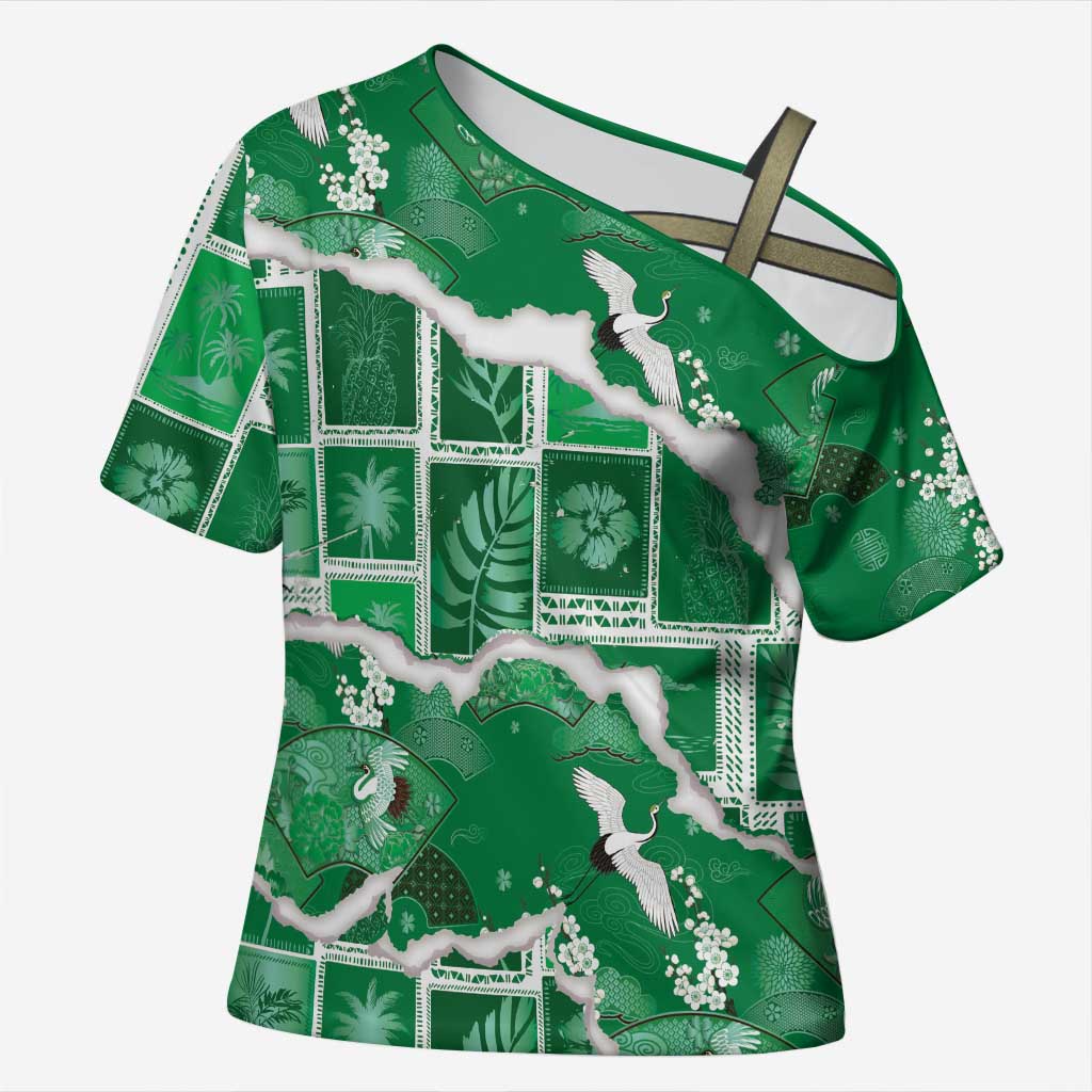 Hawaii Japanese Culture Green Cross Shoulder Shirt Spring Cranes Aloha Pattern