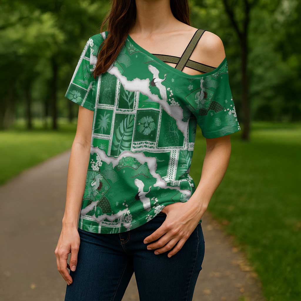 Hawaii Japanese Culture Green Cross Shoulder Shirt Spring Cranes Aloha Pattern