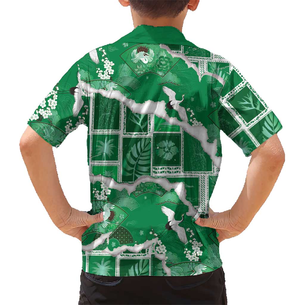 Hawaii Japanese Culture Green Family Matching Long Sleeve Bodycon Dress and Hawaiian Shirt Spring Cranes Aloha Pattern LT01 - Polynesian Pride