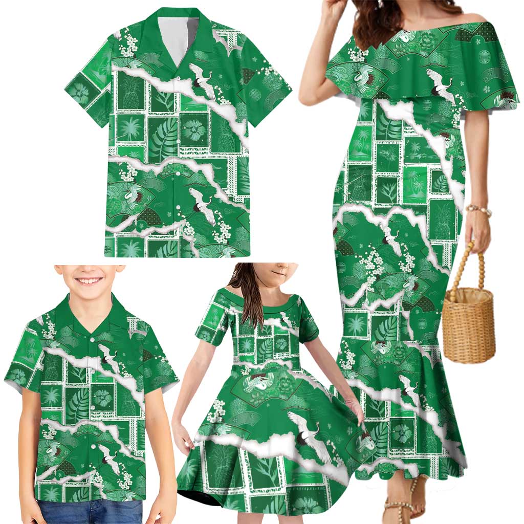 Hawaii Japanese Culture Green Family Matching Mermaid Dress and Hawaiian Shirt Spring Cranes Aloha Pattern LT01 - Polynesian Pride