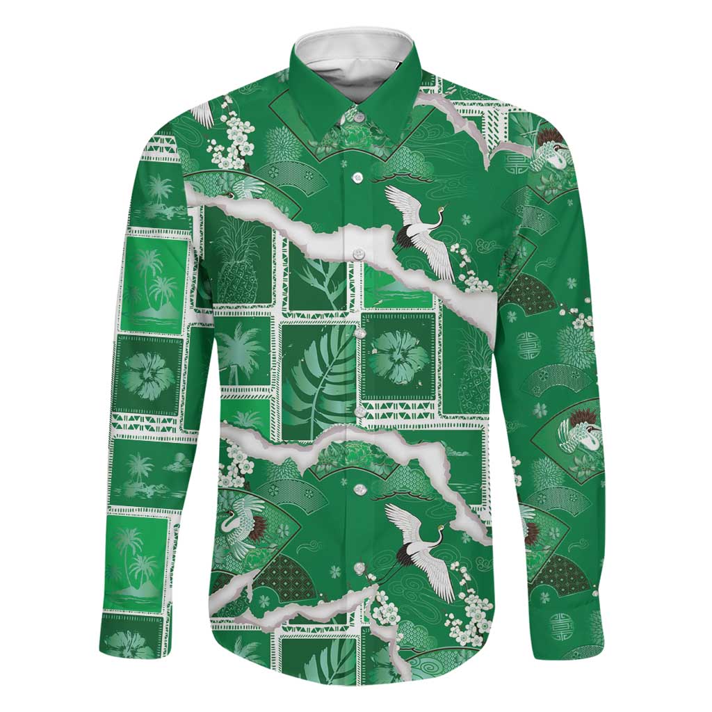 Hawaii Japanese Culture Green Family Matching Mermaid Dress and Hawaiian Shirt Spring Cranes Aloha Pattern LT01 Dad's Shirt - Long Sleeve Green - Polynesian Pride