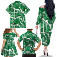 Hawaii Japanese Culture Green Family Matching Off The Shoulder Long Sleeve Dress and Hawaiian Shirt Spring Cranes Aloha Pattern LT01 - Polynesian Pride