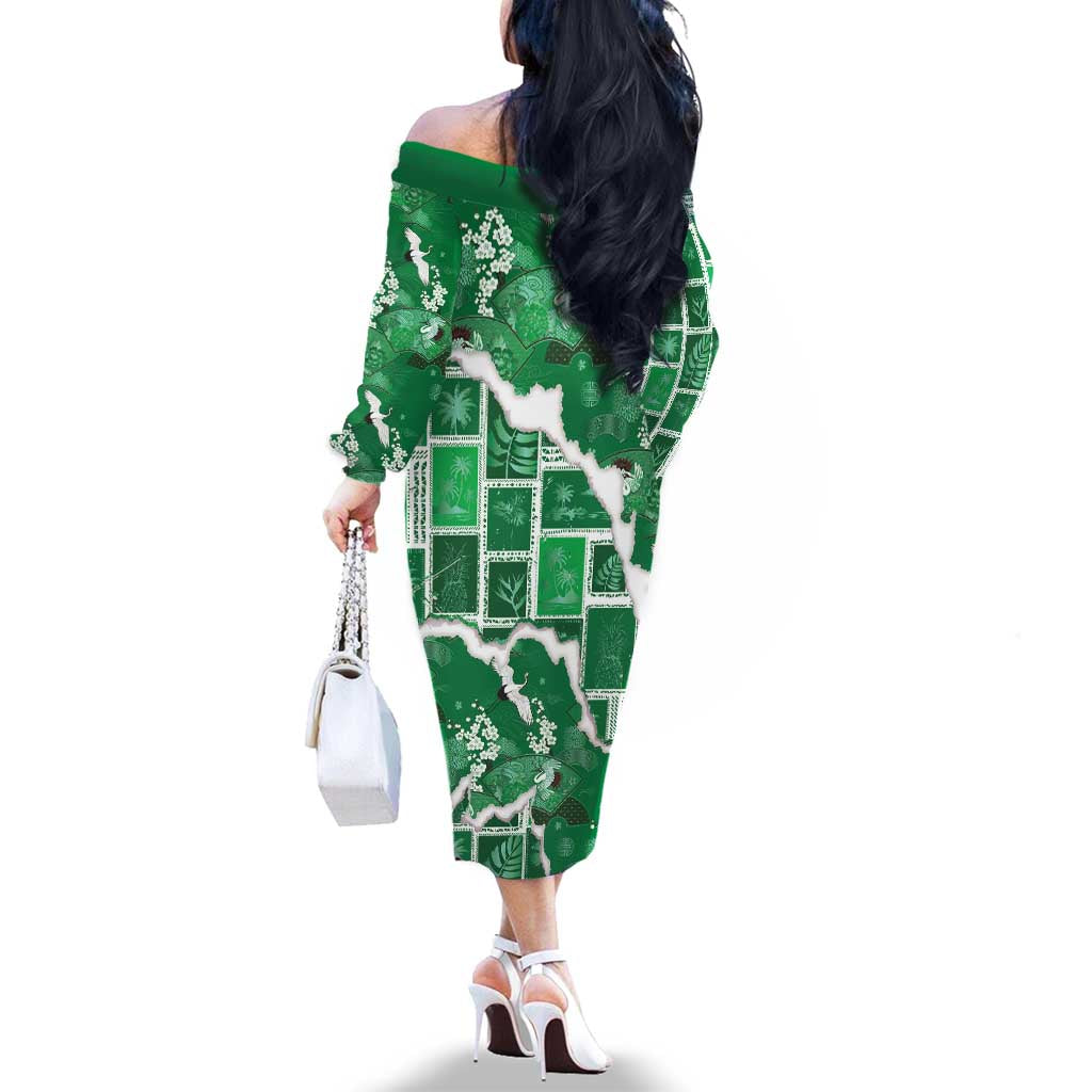 Hawaii Japanese Culture Green Family Matching Off The Shoulder Long Sleeve Dress and Hawaiian Shirt Spring Cranes Aloha Pattern LT01 - Polynesian Pride