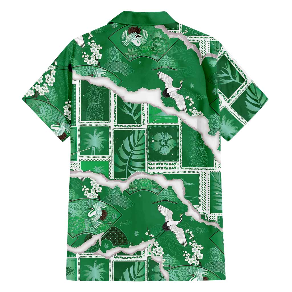 Hawaii Japanese Culture Green Family Matching Off Shoulder Maxi Dress and Hawaiian Shirt Spring Cranes Aloha Pattern LT01 - Polynesian Pride