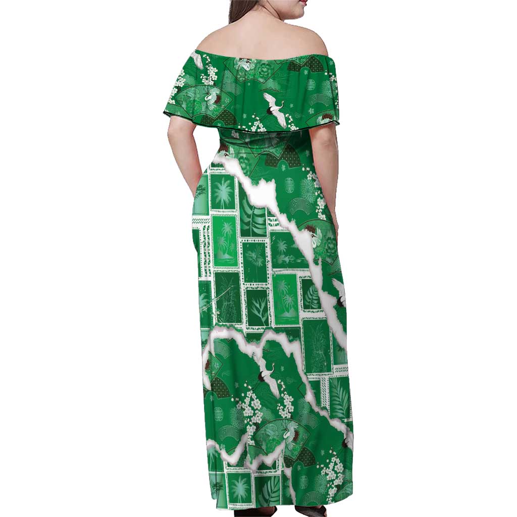 Hawaii Japanese Culture Green Family Matching Off Shoulder Maxi Dress and Hawaiian Shirt Spring Cranes Aloha Pattern LT01 - Polynesian Pride